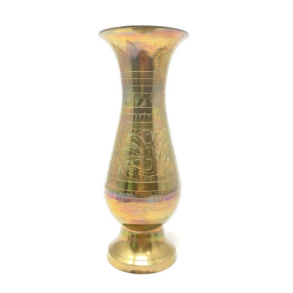 Vintage Other - Vintage Brass Hand Carved Peacock Brass Vase Urn Marked TF